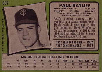 1971 Topps #607 Paul Ratliff Back