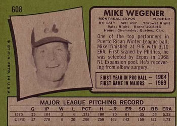 1971 Topps #608 Mike Wegener Back
