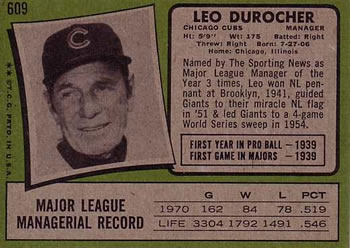 1971 Topps #609 Leo Durocher Back