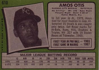 1971 Topps #610 Amos Otis Back