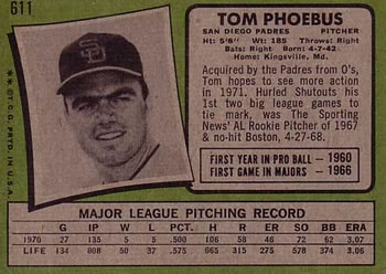 1971 Topps #611 Tom Phoebus Back