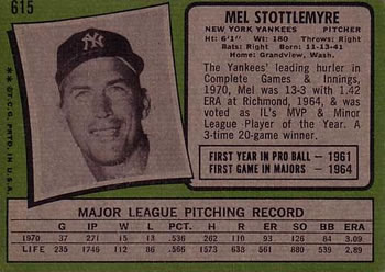 1971 Topps #615 Mel Stottlemyre Back