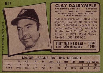 1971 Topps #617 Clay Dalrymple Back