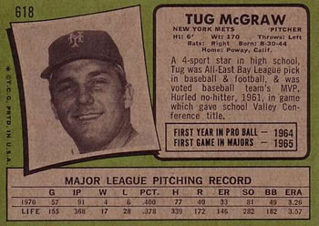 1971 Topps #618 Tug McGraw Back