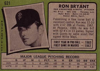 1971 Topps #621 Ron Bryant Back