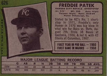 1971 Topps #626 Freddie Patek Back