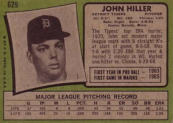 1971 Topps #629 John Hiller Back