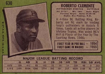 1971 Topps #630 Roberto Clemente Back