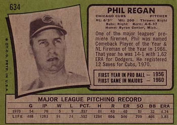 1971 Topps #634 Phil Regan Back