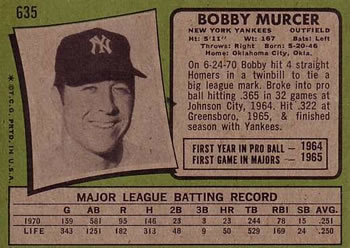 1971 Topps #635 Bobby Murcer Back