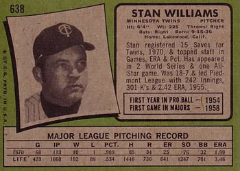 1971 Topps #638 Stan Williams Back