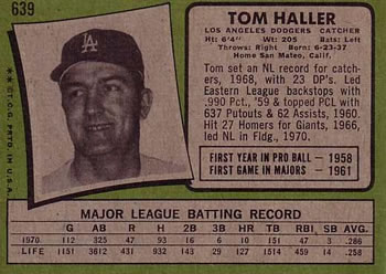 1971 Topps #639 Tom Haller Back