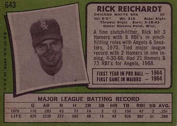1971 Topps #643 Rick Reichardt Back