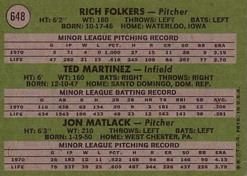 1971 Topps #648 Mets 1971 Rookie Stars (Rich Folkers / Ted Martinez / Jon Matlack) Back