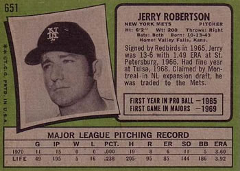 1971 Topps #651 Jerry Robertson Back