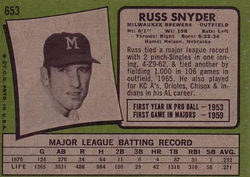 1971 Topps #653 Russ Snyder Back