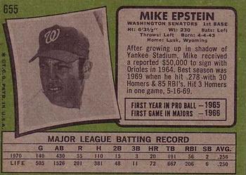 1971 Topps #655 Mike Epstein Back