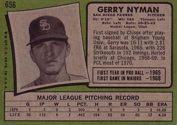 1971 Topps #656 Gerry Nyman Back