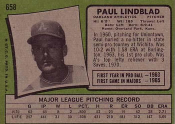 1971 Topps #658 Paul Lindblad Back