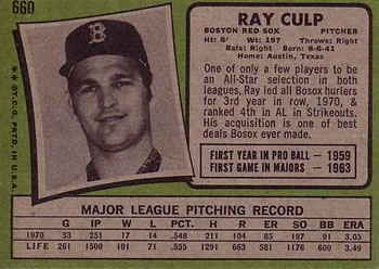 1971 Topps #660 Ray Culp Back