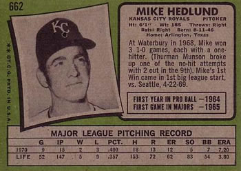 1971 Topps #662 Mike Hedlund Back