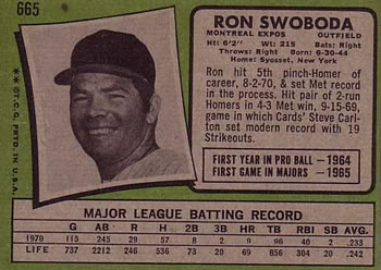 1971 Topps #665 Ron Swoboda Back