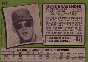 1971 Topps #666 Gene Brabender Back