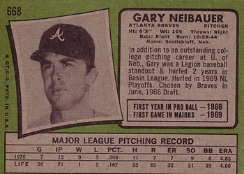 1971 Topps #668 Gary Neibauer Back