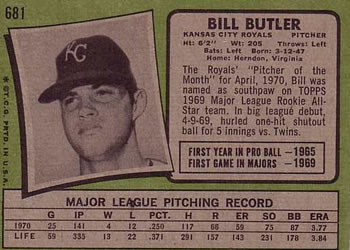1971 Topps #681 Bill Butler Back