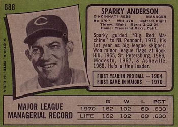 1971 Topps #688 Sparky Anderson Back