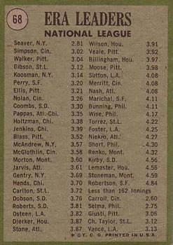 1971 Topps #68 1970 National League ERA Leaders (Tom Seaver / Wayne Simpson / Luke Walker) Back