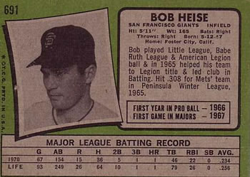 1971 Topps #691 Bob Heise Back