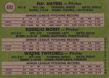 1971 Topps #692 A.L. Pitchers 1971 Rookie Stars (Hal Haydel / Rogelio Moret / Wayne Twitchell) Back