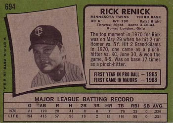 1971 Topps #694 Rick Renick Back