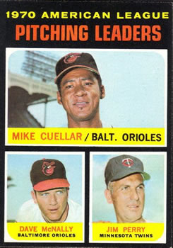 1971 Topps #69 1970 American League Pitching Leaders (Mike Cuellar / Dave McNally / Jim Perry) Front