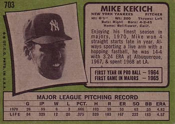 1971 Topps #703 Mike Kekich Back
