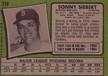 1971 Topps #710 Sonny Siebert Back