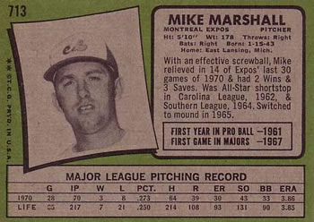 1971 Topps #713 Mike Marshall Back
