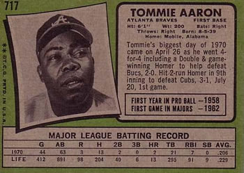 1971 Topps #717 Tommie Aaron Back