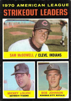 1971 Topps #71 1970 American League Strikeout Leaders (Sam McDowell / Mickey Lolich / Bob Johnson) Front