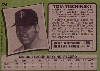 1971 Topps #724 Tom Tischinski Back