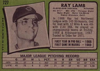 1971 Topps #727 Ray Lamb Back