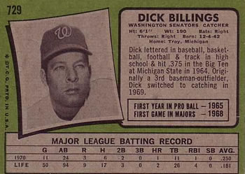 1971 Topps #729 Dick Billings Back