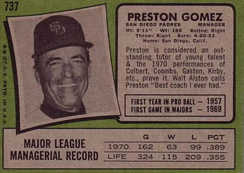 1971 Topps #737 Preston Gomez Back