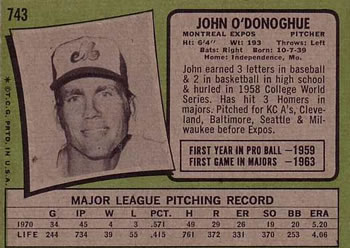 1971 Topps #743 John O'Donoghue Back