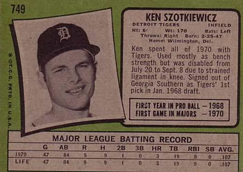 1971 Topps #749 Ken Szotkiewicz Back