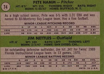 1971 Topps #74 Twins 1971 Rookie Stars (Pete Hamm / Jim Nettles) Back