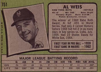 1971 Topps #751 Al Weis Back