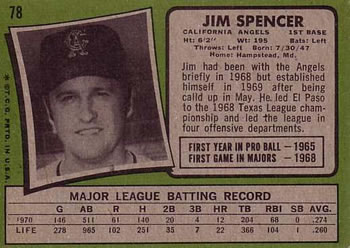 1971 Topps #78 Jim Spencer Back