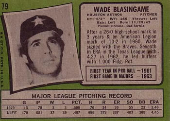 1971 Topps #79 Wade Blasingame Back